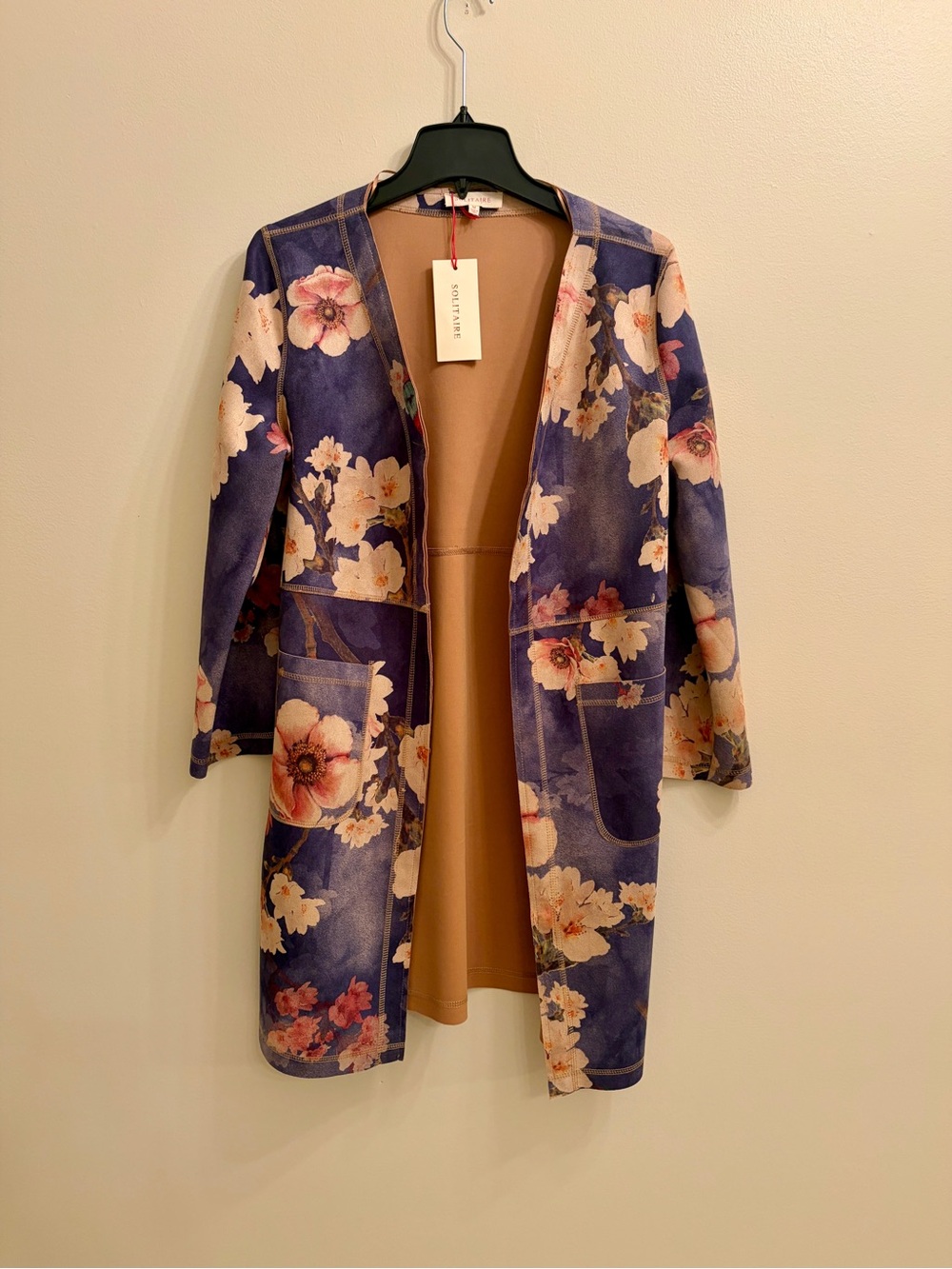 Anthropologie | Solitaire Floral Open-Front Faux Suede Trench Coat- Blue & Pink